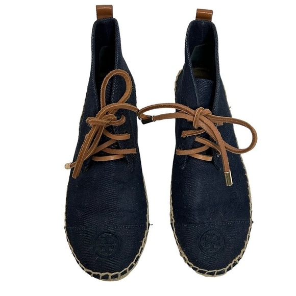 Tory Burch Navy Canvas Espadrille Lace Up Ankle Bootie Flats - Picture 5 of 16